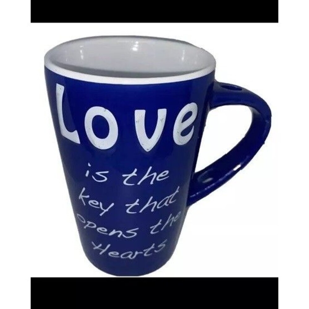 Blue & White Large Coffee Mug 5.5x3.5 “Love Is The Key That Opens The Hearts”